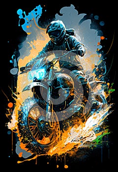 Watercolour abstract paintingof an off-road motorcyle and rider where the motorbike is driving through mud, dirt and water at an photo