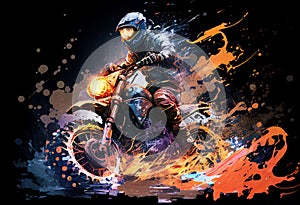 Watercolour abstract paintingof an off-road motorcyle and rider where the motorbike is driving through mud, dirt and water at an photo