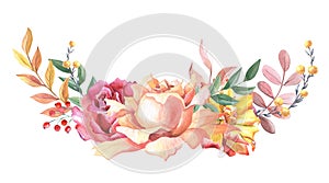 Watercolour arrangement of roses and leaves. Autumn composition withy yellow,pink rose3