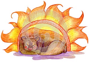 Watercolour Sleeping Bear guarding the Sun (jpg,png)