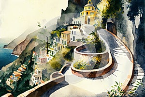 Watercolour of beautiful Positano in Italy