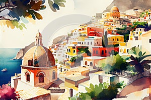 Watercolour of beautiful Positano in Italy photo