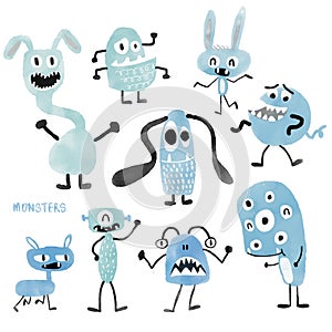 Watercolour cute monsters set