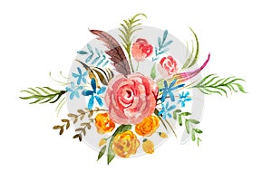 Watercolour bouquet of flowers. Hand-painted decoration element with roses, forget-me-nots, globe-flowers and leaves