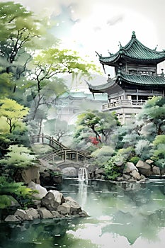 Watercolour chinese gardens landscape watercolor painting jia jian art
