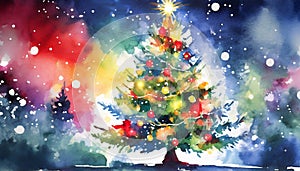Watercolour Christmas tree bright colours