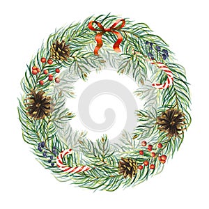 Watercolour Christmas wreath with berries, pine cones, bow, caramel and tree branches. Hand painted fir border isolated