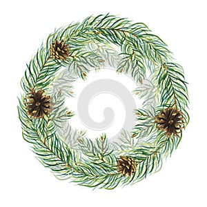 Watercolour Christmas wreath with berries, pine cones and tree branches. Hand painted fir border isolated on white