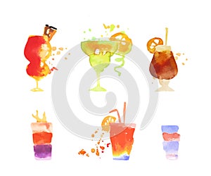 Watercolour Cocktail Poured in Glass with Straw as Summer Refreshing Drinks Vector Set