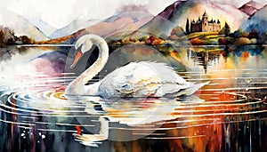 Watercolour colourful painting of white swan on lake undulation reflective water