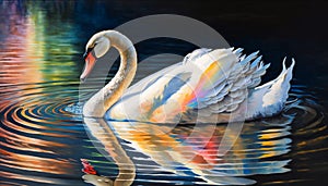 Watercolour colourful painting of white swan on lake undulation reflective water