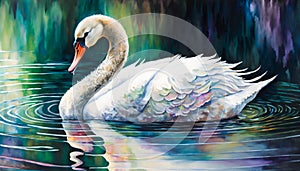 Watercolour colourful painting of white swan on lake undulation reflective water