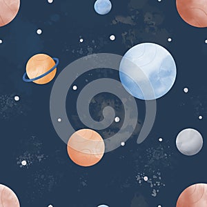 Watercolour cosmos space scene with planets and stars seamless pattern vector illustration. Perfect for fabric or paper printing