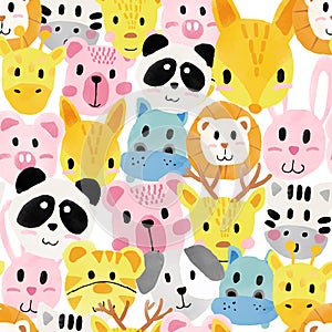 Watercolour cute animal faces pattern seamless