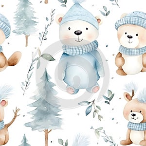 Watercolour with cute baby bear and deer cartoon animal portrait design for Winter holiday in seamless pattern