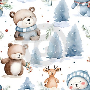 Watercolour with cute baby bear and deer cartoon animal portrait design for Winter holiday in seamless pattern