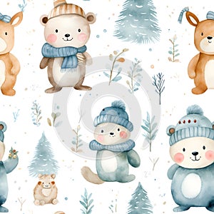 Watercolour with cute baby bear and deer cartoon animal portrait design for Winter holiday in seamless pattern