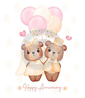 Watercolour cute two couple brown teddy bears in wedding groom and bride hold hand, Valentine cartoon character hand drawing