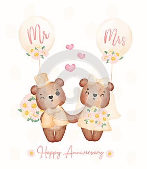 Watercolour cute two couple Wedding brown teddy bears in groom and bride hold hand, Mr. and Mrs., cartoon character hand drawing