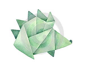 Watercolour drawing of green Origami Hedgehog.