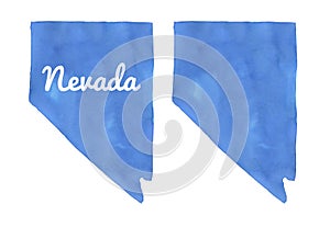 Watercolour drawing set of Nevada State Map in sky blue color in two variations: blank shape and with `Nevada` inscription.