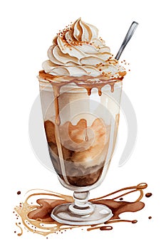 Watercolour glass of iced caramel latte coffee with whipped cream isolated on white. AI generative illustration.