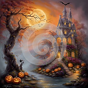 Watercolour Halloween background with haunted house, pumpkins and bets