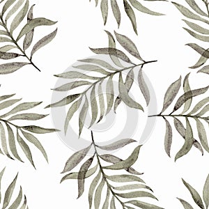 Watercolour hand painted. Seamless pattern with leaves on a white background. Beautiful design for wallpapers, textiles, fabrics