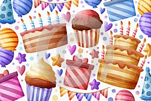 watercolour happy birthday cupcakes gifts vector design illustration