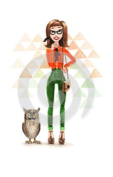 Watercolour Hipster Girl with Ow