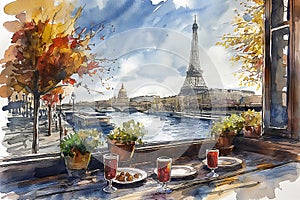 Watercolour illustration of aperitif in Paris bar with Eiffel Tower