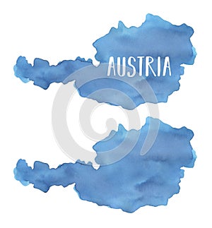 Watercolour illustration of Austria Map Silhouette template in beautiful sky blue color.