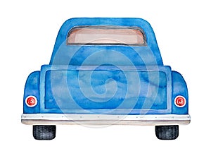 Watercolour illustration of back view of blue pickup car.