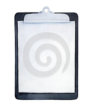 Watercolour illustration of black modern clipboard with blank white paper sheet attached.