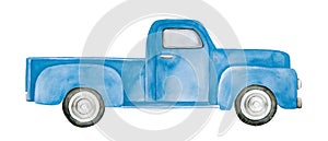 Watercolour illustration of blue pickup truck.