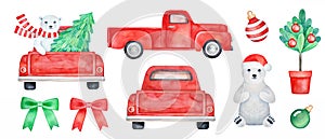 Watercolour illustration collection of Christmas red truck with Christmas tree and cute smiling polar bear.