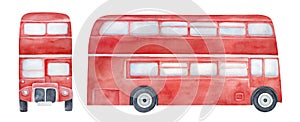 Watercolour illustration collection of various sides of red double-decker bus.