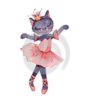 Watercolour illustration of a cute ballerina cat wearing a crown