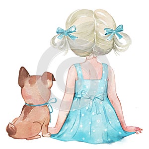 Watercolour illustration of the cute blond girl sitting with little puppy. Dog and child. Back view