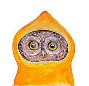Watercolour illustration of cute funny owl wearing bright yellow raincoat with big hood on head.