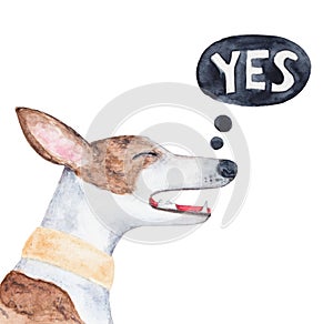 Watercolour illustration of cute smiling whippet dog with black speech balloon with word \