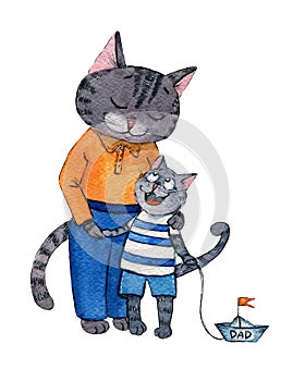Watercolour illustration of a dad cat with a son with a toy boat