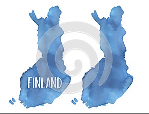 Watercolour illustration of Finland Map Silhouette in two variation: blank shape and with text lettering.