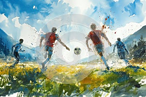 Watercolour illustration of four soccer players with ball.