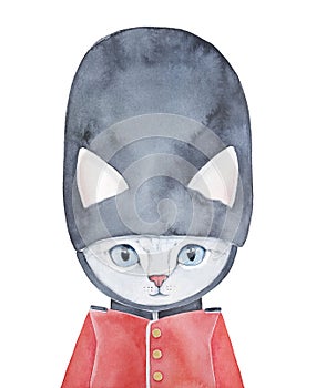 Watercolour illustration of grey little tabby kitty character wearing tall black fluffy bearskin hat. photo