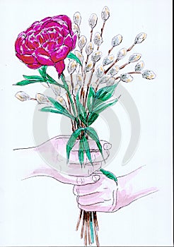 Watercolour illustration of hands holding a posy of flowers.