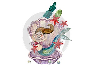 Watercolour illustration of a happy little mermaid and undersea world