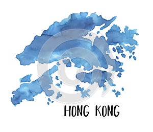 Watercolour illustration of Hong Kong Map Silhouette in sky blue color.