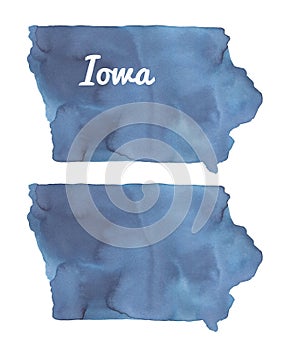 Watercolour illustration of Iowa State Map set: blank one and with lettering.