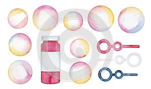 Watercolour illustration pack of soap bubbles, little pink bottle and wands assortment.